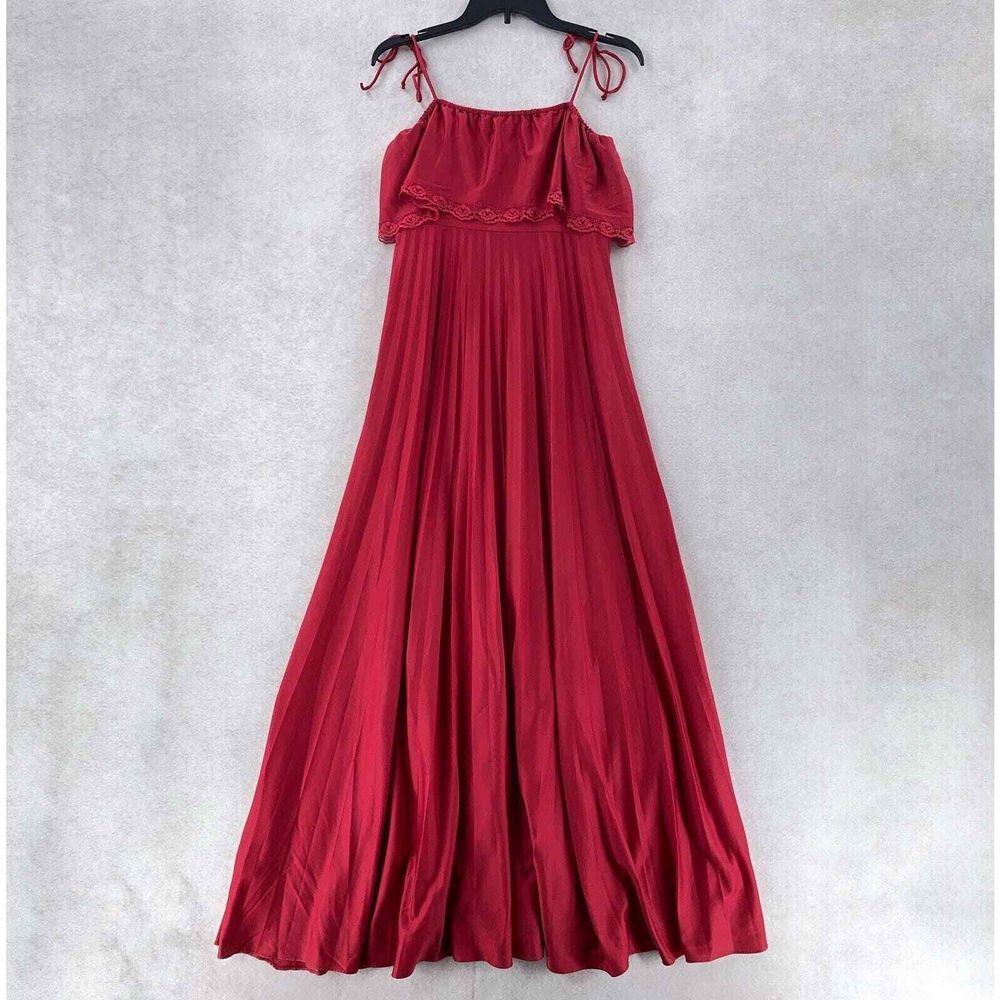 Vintage Pleated Red Midi‎ Maxi Slip Dress Tiered Ruffle Satin 13-14